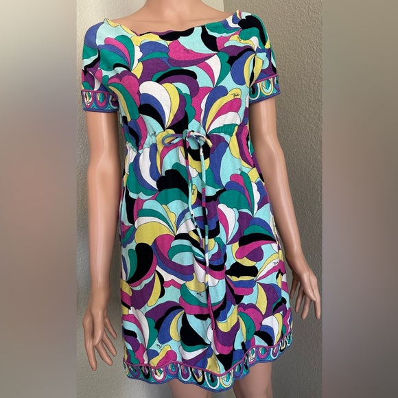 Vintage Emilio Pucci Multicolor Wave iconic Print Terry Cloth Midi Dress